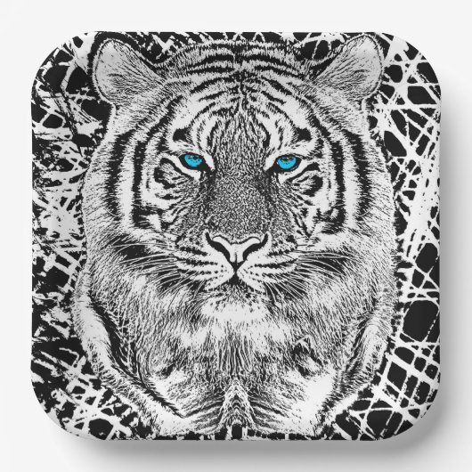Schwarz-Weiß-blaue Augen Tiger Graphic Pappteller (Vorderseite)