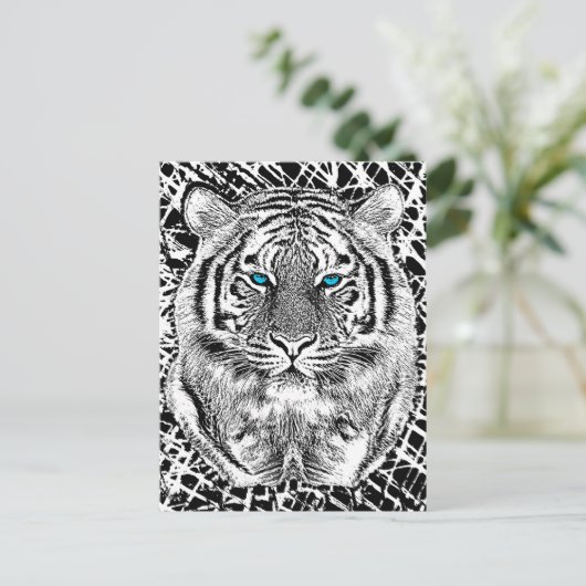 Schwarz-Weiß-Blaue Augen-Wildziger-Gesicht Postkarte (Stehend Vorderseite)