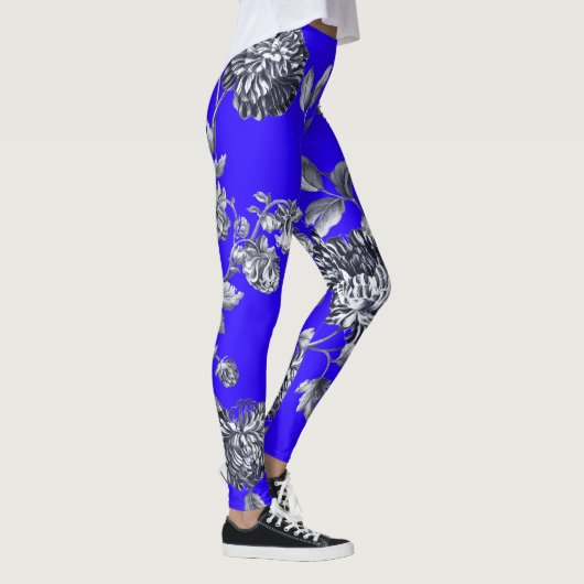 Schwarz-Weiß-Blauer Botanischer Blumentoil Leggings (Rechts)