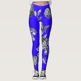 Schwarz-Weiß-Blauer Botanischer Blumentoil Leggings
