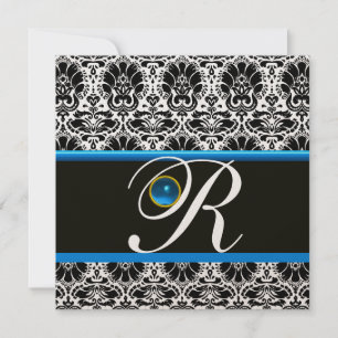 SCHWARZ WEISS BLAUER DAMAST MONOGRAMM Saphir Gold Einladung