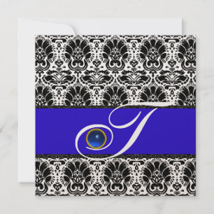 SCHWARZ WEISS BLAUER DAMAST-MONOGRAMM Saphir-Metal Einladung
