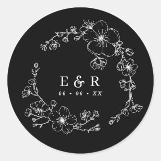 Schwarz-Weiß-Blossom-Monogramm-Hochzeit Runder Aufkleber