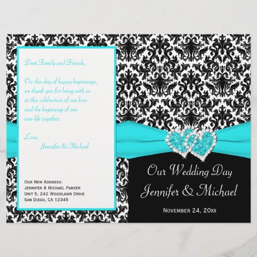 Schwarz-weiß Blue Damask Hearts Wedding Program (Vorderseite)
