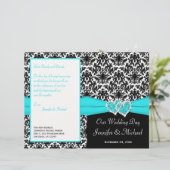 Schwarz-weiß Blue Damask Hearts Wedding Program (Stehend Vorderseite)