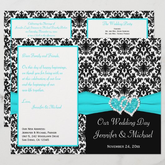 Schwarz-weiß Blue Damask Hearts Wedding Program (Vorne/Hinten)