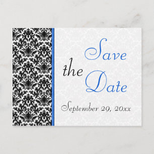 Schwarz, Weiß, Blue Damask Save the Date Postkarte