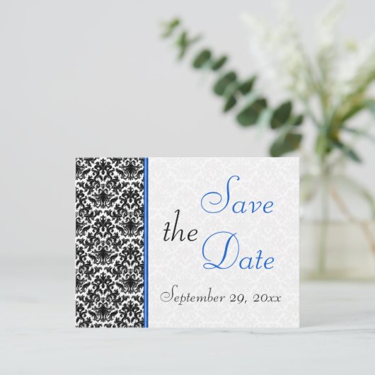 Schwarz, Weiß, Blue Damask Save the Date Postkarte (Stehend Vorderseite)