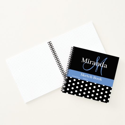 Schwarz-weiß Blue Monogram Polka Dots Sketch Notizblock (Innenseite)