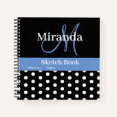 Schwarz-weiß Blue Monogram Polka Dots Sketch Notizblock (Vorderseite)