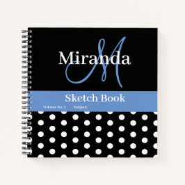 Schwarz-weiß Blue Monogram Polka Dots Sketch Notizblock