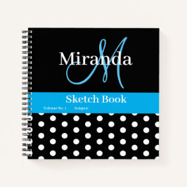 Schwarz-weiß Blue Monogram Polka Dots Sketch Notizblock