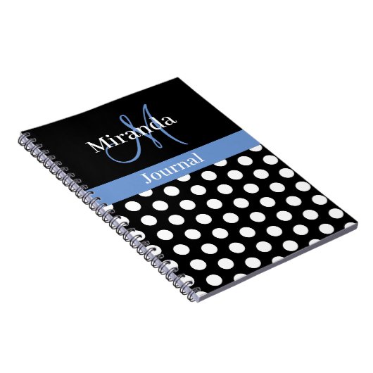 Schwarz-weiß Blue Monogram Script Polka Dot Notizblock (Rechte Seite)