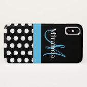 Schwarz-weiß Blue Monogram Script Polka Dots Case-Mate iPhone Hülle (Rückseite (Horizontal))