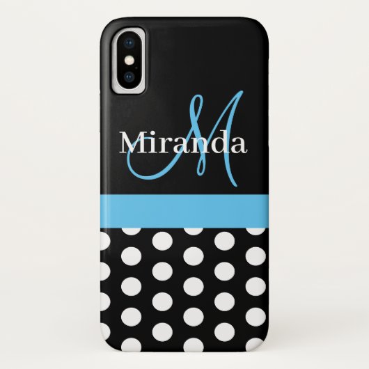 Schwarz-weiß Blue Monogram Script Polka Dots Case-Mate iPhone Hülle (Rückseite)