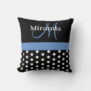 Schwarz-weiß Blue Monogram Script Polka Dots Kissen