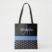 Schwarz-weiß Blue Monogram Script Polka Dots Tasche (Vorderseite)