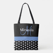 Schwarz-weiß Blue Monogram Script Polka Dots Tasche (Rückseite)