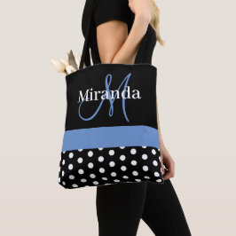 Schwarz-weiß Blue Monogram Script Polka Dots Tasche