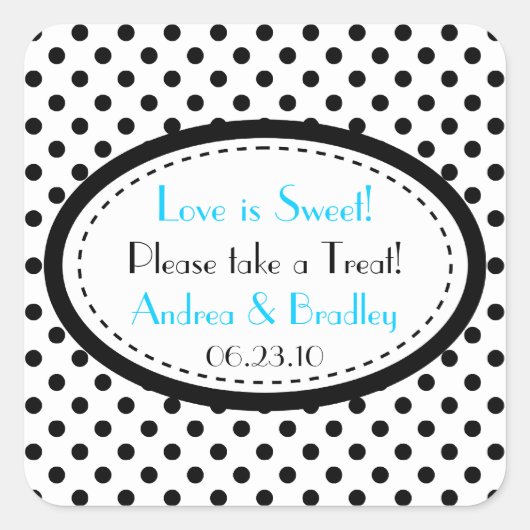 Schwarz-weiß Blue Polka Dot Candy Buffet Hochzeit Quadratischer Aufkleber (Vorderseite)