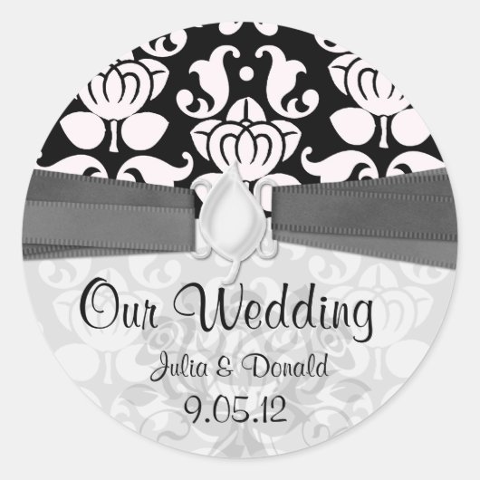 Schwarz-Weiß-blüh-Damastenhochzeit Runder Aufkleber (Vorderseite)
