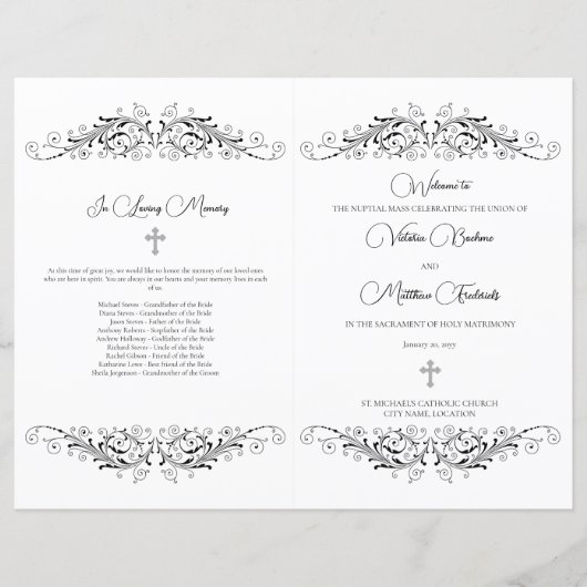 Schwarz-Weiß-Blüh-Hochzeitsprogramm (Vorderseite)