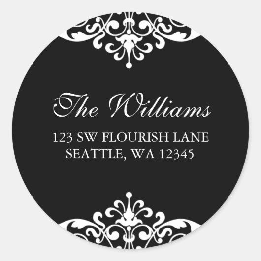 Schwarz-Weiß-Blühtest-Scroll-Adressetikett Runder Aufkleber (Vorderseite)
