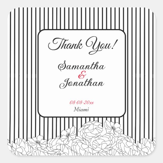 Schwarz-Weiß-Blume auf Streifen Quadratischer Aufkleber (Vorderseite)