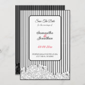Schwarz-Weiß-Blume auf Streifen Save the Date Einladung (Vorne/Hinten)