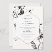 Schwarz-Weiß-Blume botanische Goldrahmhochzeit Einladung (Vorderseite)