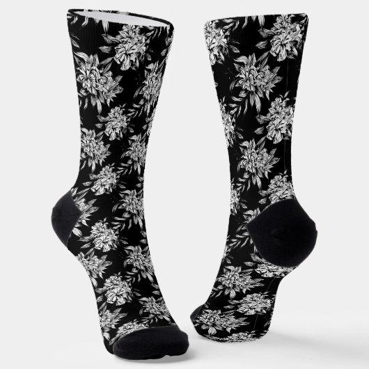 Schwarz-Weiß-Blume, dunkles botanisches Muster Socken (Gewinkelt)