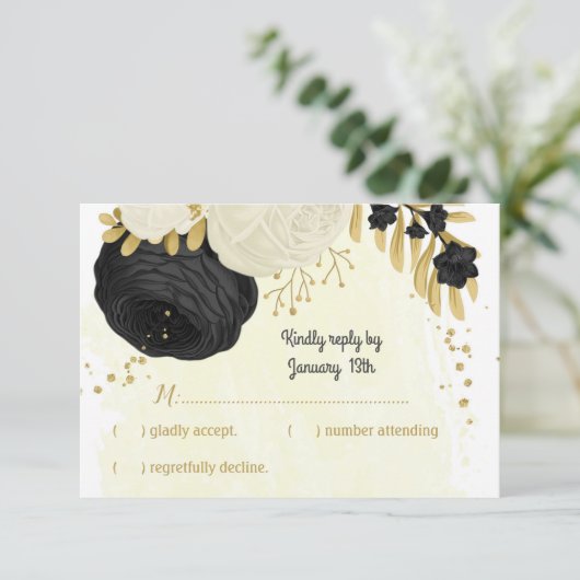 Schwarz-Weiß-Blume-Goldhochzeit RSVP Karte (Stehend Vorderseite)