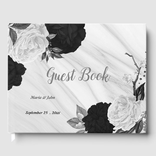 Schwarz-Weiß-Blume, grauer botanischer Marmor Gästebuch (Vorderseite)