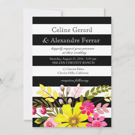 Schwarz-Weiß-Blume Hochgelb Einladung (Vorderseite)
