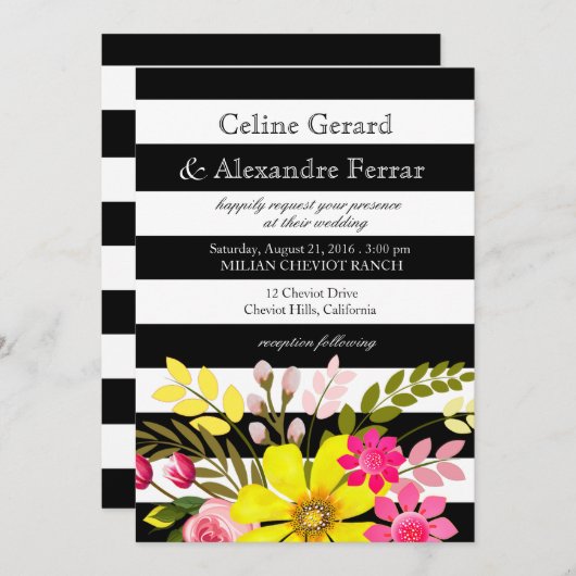 Schwarz-Weiß-Blume Hochgelb Einladung (Vorne/Hinten)