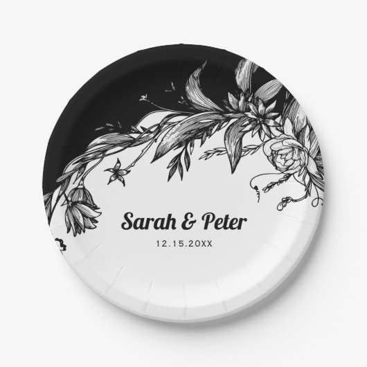 Schwarz-Weiß-Blume Hochzeit der modernen Typografi Pappteller (Vorderseite)