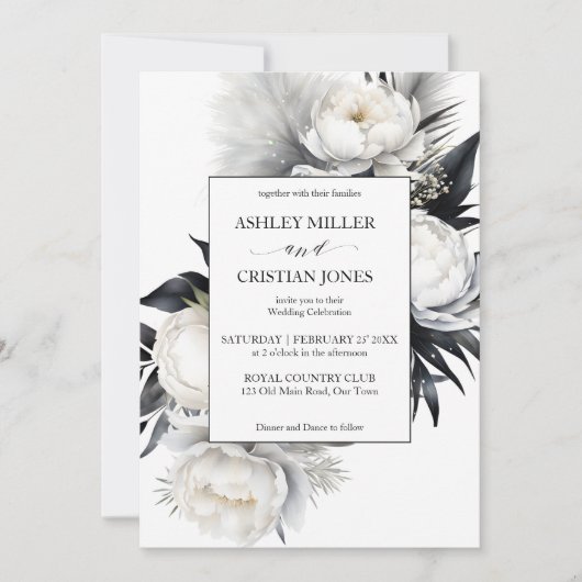 Schwarz-Weiß-Blume Hochzeit Einladung (Vorderseite)