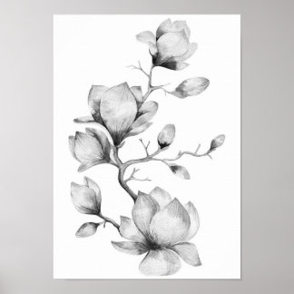 Schwarz-Weiß-Blume mit Aquarellfarben-Wandkunstpos Poster
