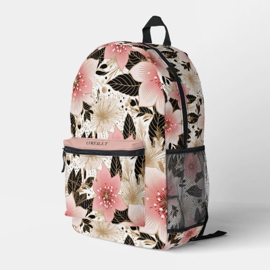Schwarz-Weiß-Blume-Muster Modernes Monogramm Bedruckter Rucksack (Rückseitige Ecke Rechts)