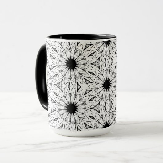 Schwarz-Weiß-Blume-Muster Tasse (Vorderseite Links)