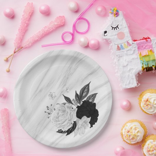 Schwarz-Weiß-Blume Pappteller (Party)