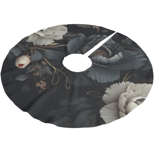 Schwarz-Weiß-Blume Polyester Weihnachtsbaumdecke (Schrägansicht)