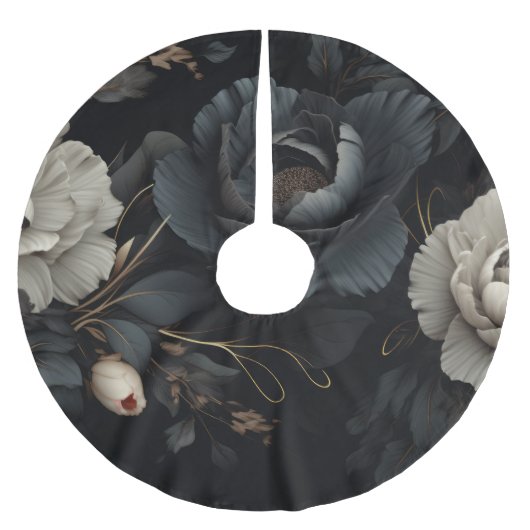 Schwarz-Weiß-Blume Polyester Weihnachtsbaumdecke (Vorderseite)