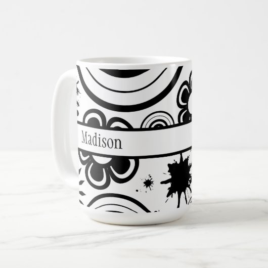 Schwarz-Weiß-Blume, Ringe, Splashes Kaffeetasse (Vorderseite Links)
