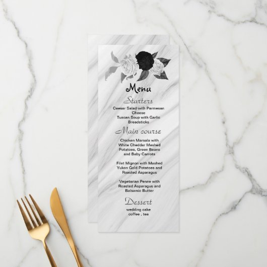 Schwarz-Weiß-Blume schönes Hochzeitsmenü Menükarte (Vorderseite/Rückseite Beispiel)