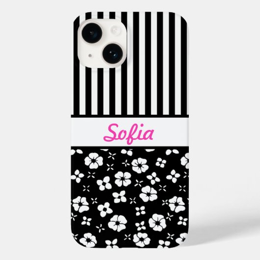 Schwarz/Weiß-Blume/Streifen Mit Monogramm Case-Mate iPhone Hülle (Rückseite)