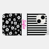 Schwarz/Weiß-Blume/Streifen Mit Monogramm Case-Mate iPhone Hülle (Rückseite (Horizontal))