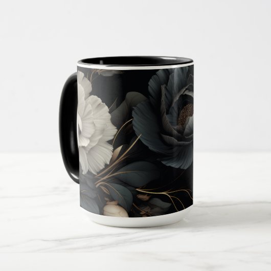 Schwarz-Weiß-Blume Tasse (Vorderseite Links)
