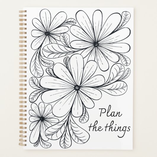 Schwarz-Weiß-Blume und Blätter-Design Planer (Vorderseite)