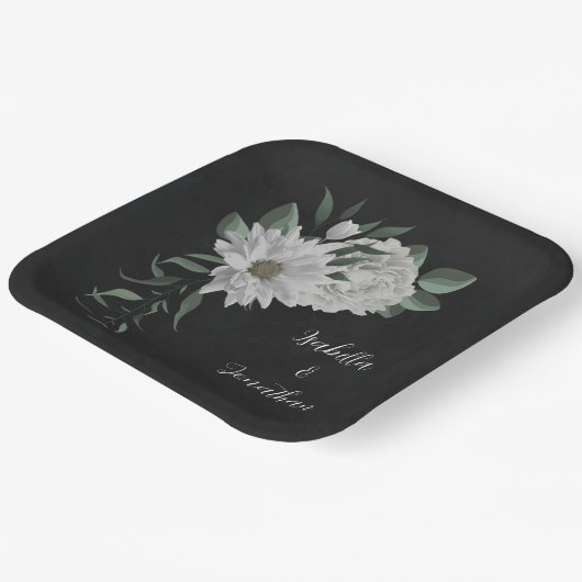 Schwarz-Weiß-Blume und grüne Blätter Pappteller (Gewinkelt)